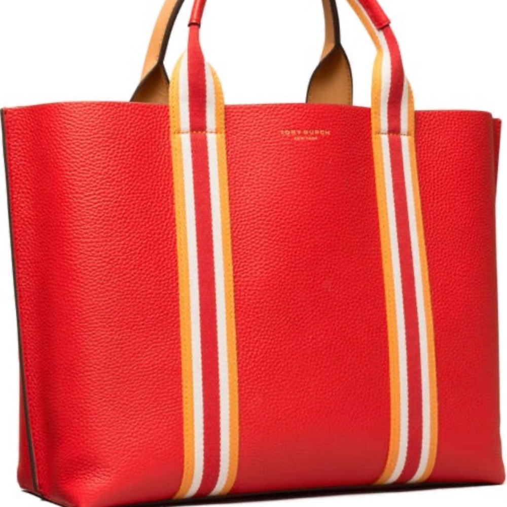 Authentic TORY BURCH LOGO stripe Leather Tote - Picture 14 of 16